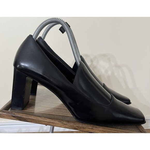 Coach Malorie Black Leather Square Toe Heels Sz 8B Vintage Y2K Minimalist Church - Picture 1 of 10